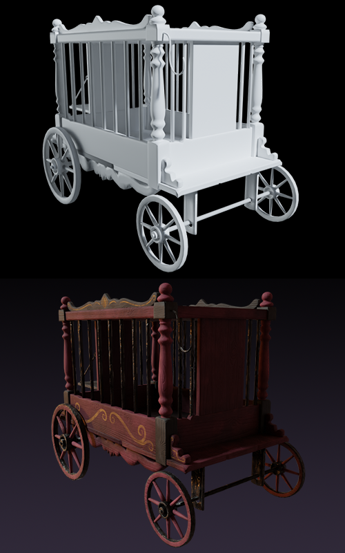 render of a clay and textured vintage circus cart
